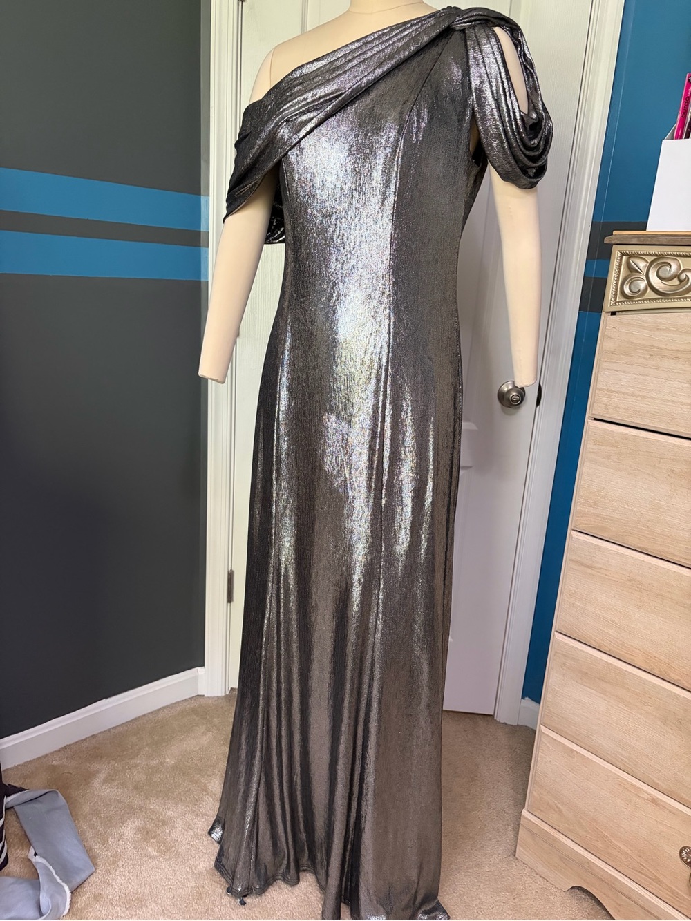 Tadashi Shoji Metallic One-Shoulder Maxi Gown - Gunmetal